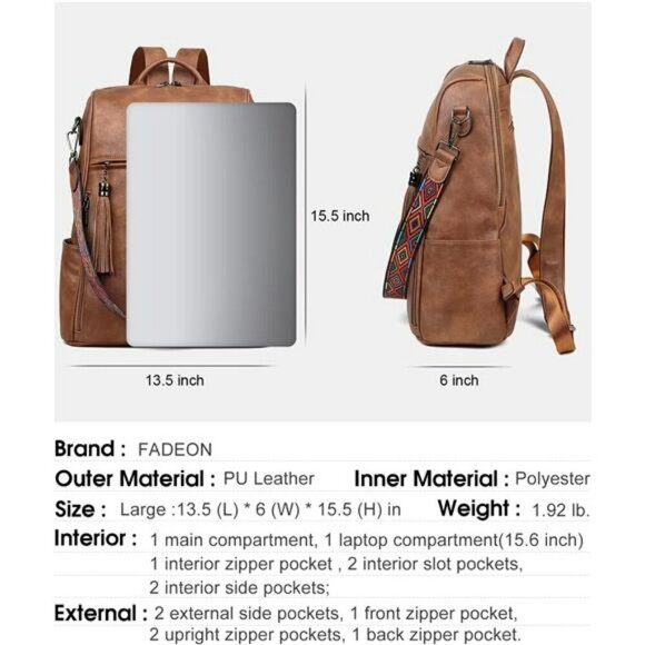 Leather Laptop Backpack Women 15 Inch Vegan Work Travel Bag Convertible Purse - Picture 3 of 7